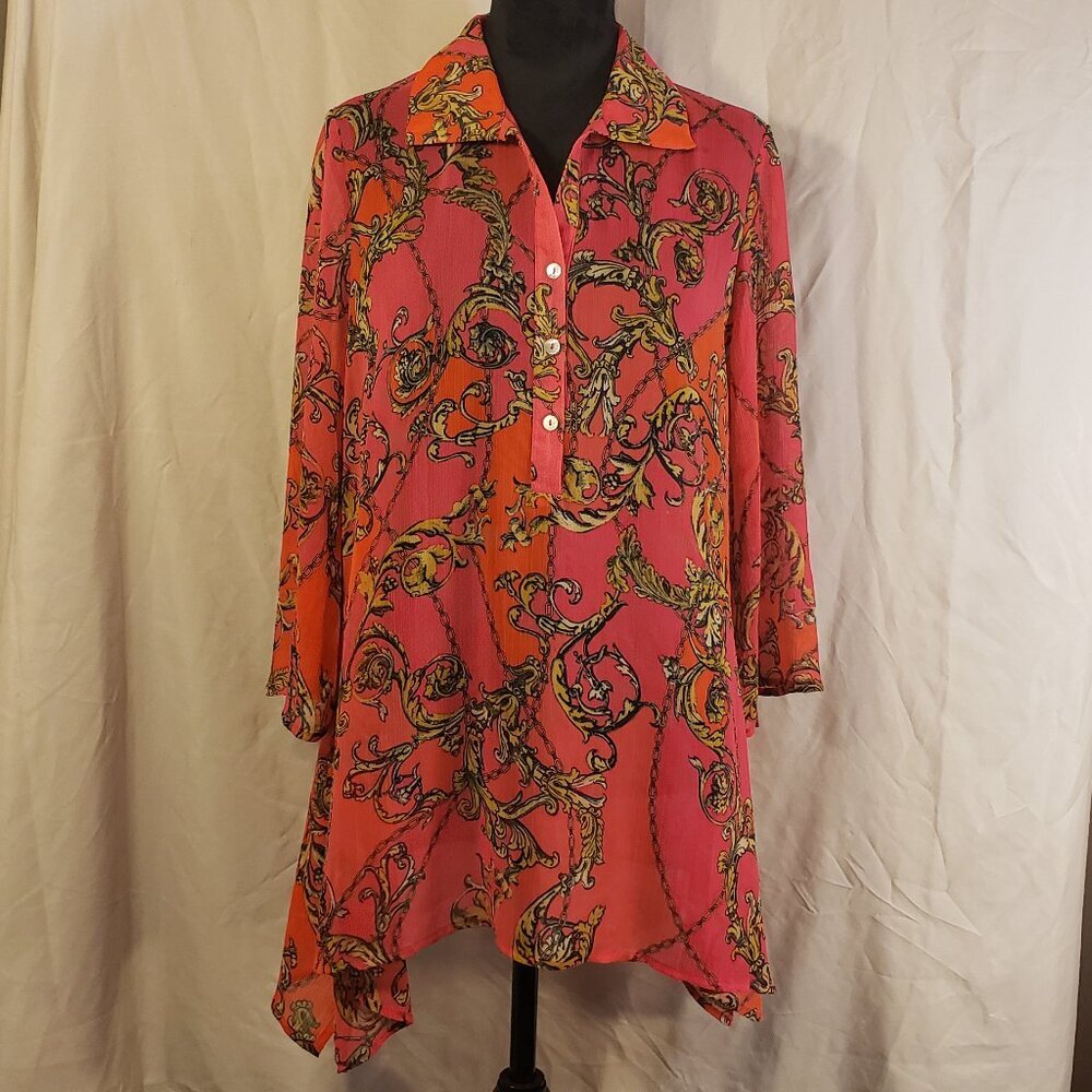 Women's New Directions Sheer Pink Orange and Gold Blouse - M